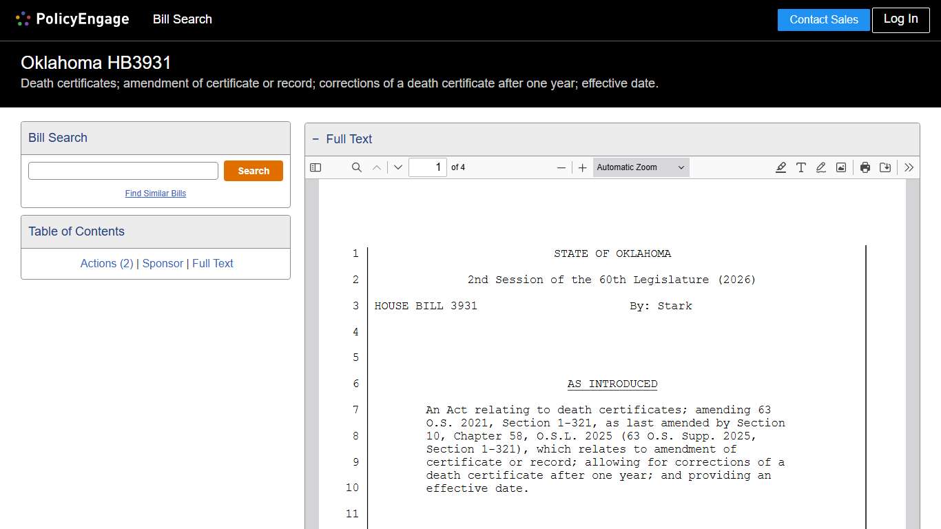 HB3931 | Oklahoma 2026 | Death certificates; amendment of certificate or record; corrections of a death certificate after one year; effective date. - Legislative Tracking | PolicyEngage