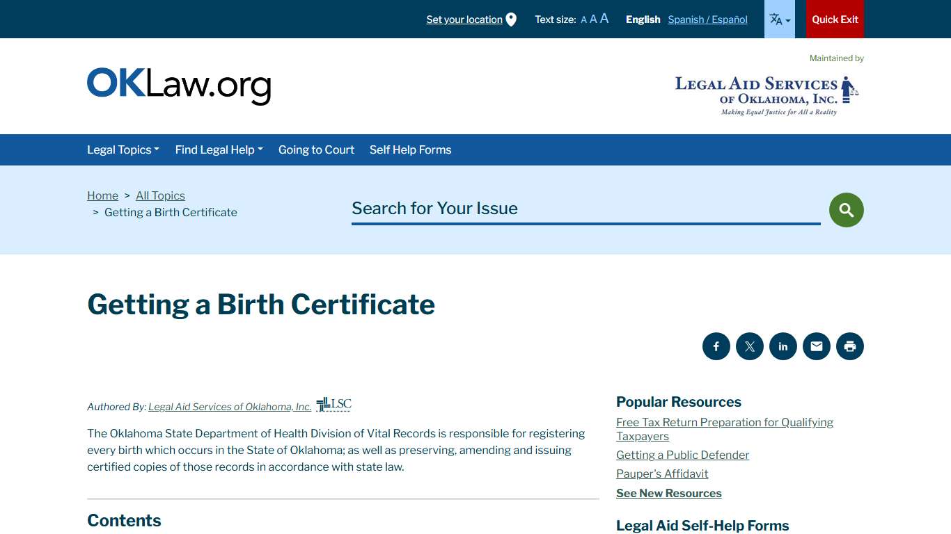 Getting a Birth Certificate | Welcome to Legal Aid Services of Oklahoma's guide to free legal help in Oklahoma.